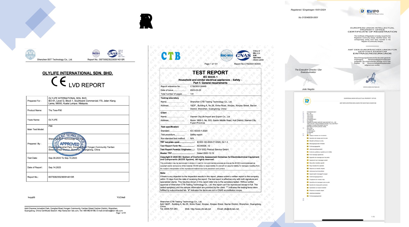 OlyLife CE LVD report, CTB test report és EUIPO regisztráció